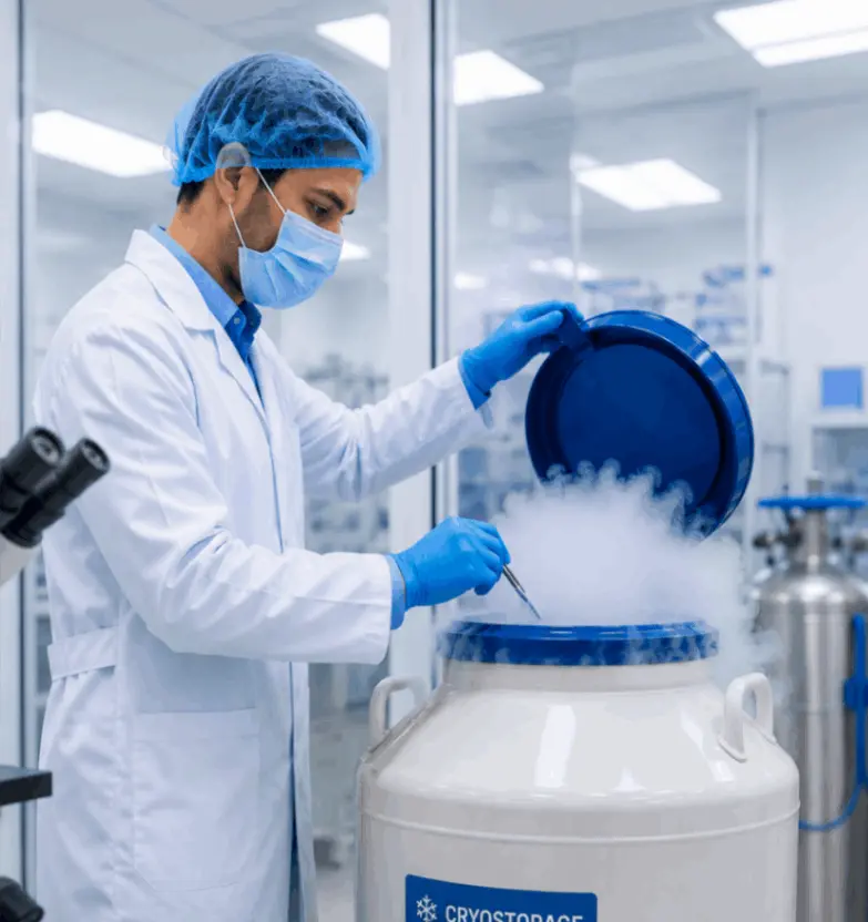 An embryologist handling samples at a cryogenic storage dewar